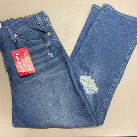 Signature Levi Strauss Denim Blue Jeans Heritage High Rise Straight Distressed - Picture 1 of 7
